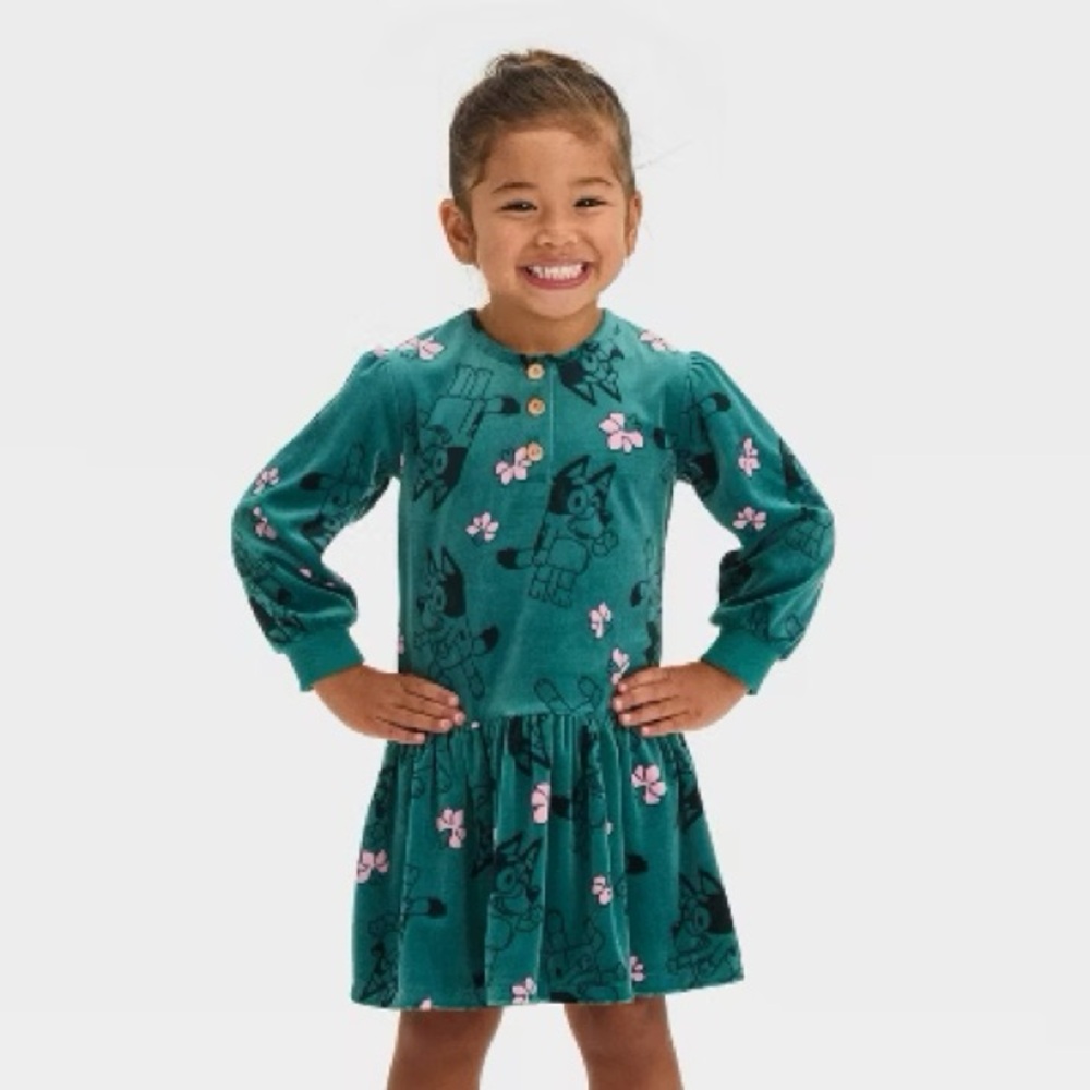 Bluey Floral Velour Long-Sleeve Dress